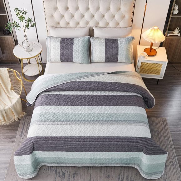 New 3 Pieces Blue Striped Alternative  Quilted Bedding Set,1 Quilt + 2 P… - Picture 1 of 12